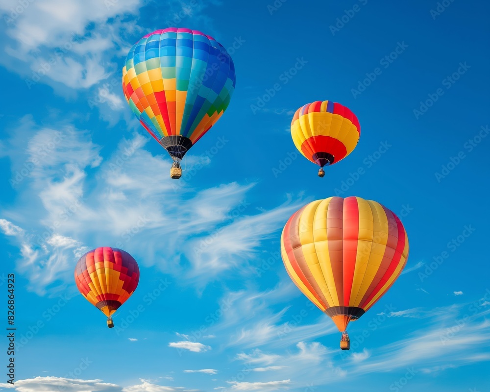 Obraz premium Vibrant Hot Air Balloons Floating in a Clear Blue Sky with Clouds