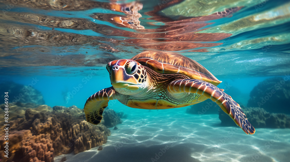 Fototapeta premium Colorful sea turtle swimming gracefully underwater, surrounded by vibrant coral reefs and marine life, showcasing the beauty of the ocean ecosystem