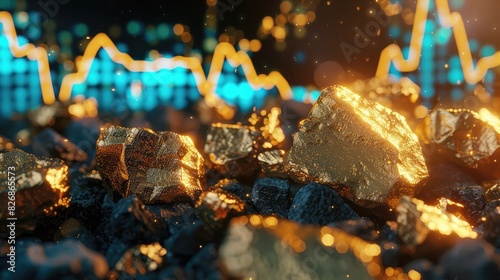 Close-up of gold nuggets with financial charts projected on them, illustrating market analysis and the importance of gold © buraratn
