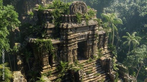 A detailed 3D model of an ancient temple surrounded by lush jungle  with intricate carvings and vines growing over the structure 32k  full ultra hd  high resolution