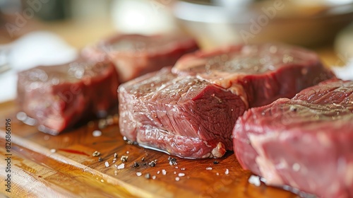 Close-up of juicy beef cuts on a cutting board, ready to be cooked into a delicious meal photo