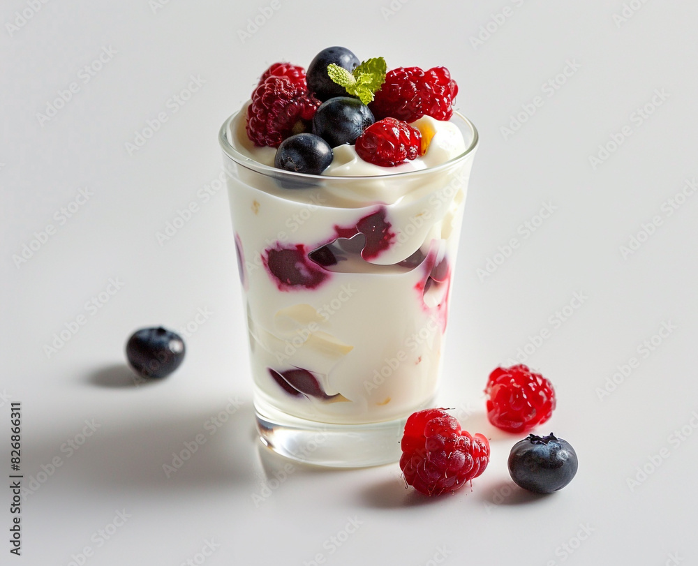 a glass of yogurt with berries, raspberries and mint in a white background
