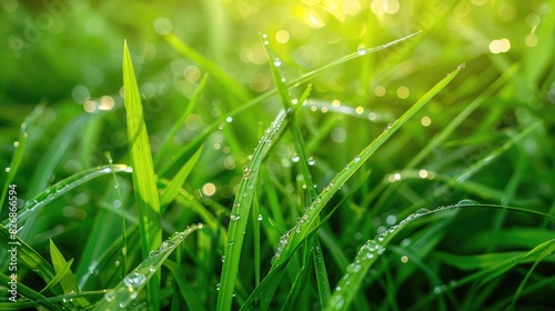 Close-up of lush green grass blades glistening with morning dew under the sunlight