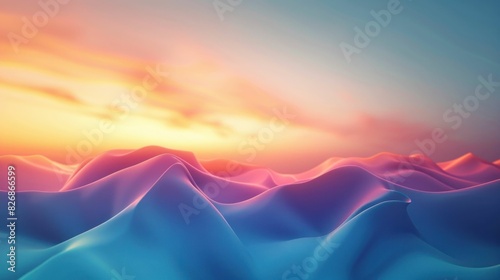 Abstract landscape with majestic mountains and stunning sunset in background, travel and adventure concept photo