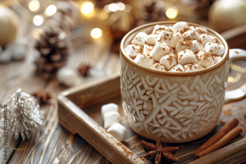 Cozy winter scene with hot chocolate topped with marshmallows in a decorative mug, surrounded by pine cones and fairy lights. Cozy winter scene with hot chocolate topped with marshmallows in a decorative mug, surrounded by pine cones and fairy lights.