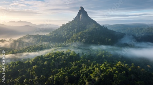 A dramatic mountain peak rising above a dense forest  with the morning mist slowly lifting to reveal the surrounding landscape 32k  full ultra hd  high resolution