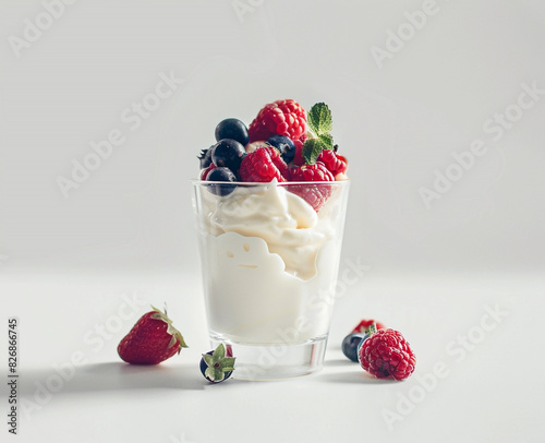 a glass of yogurt with berries, raspberries and mint in a white background photo