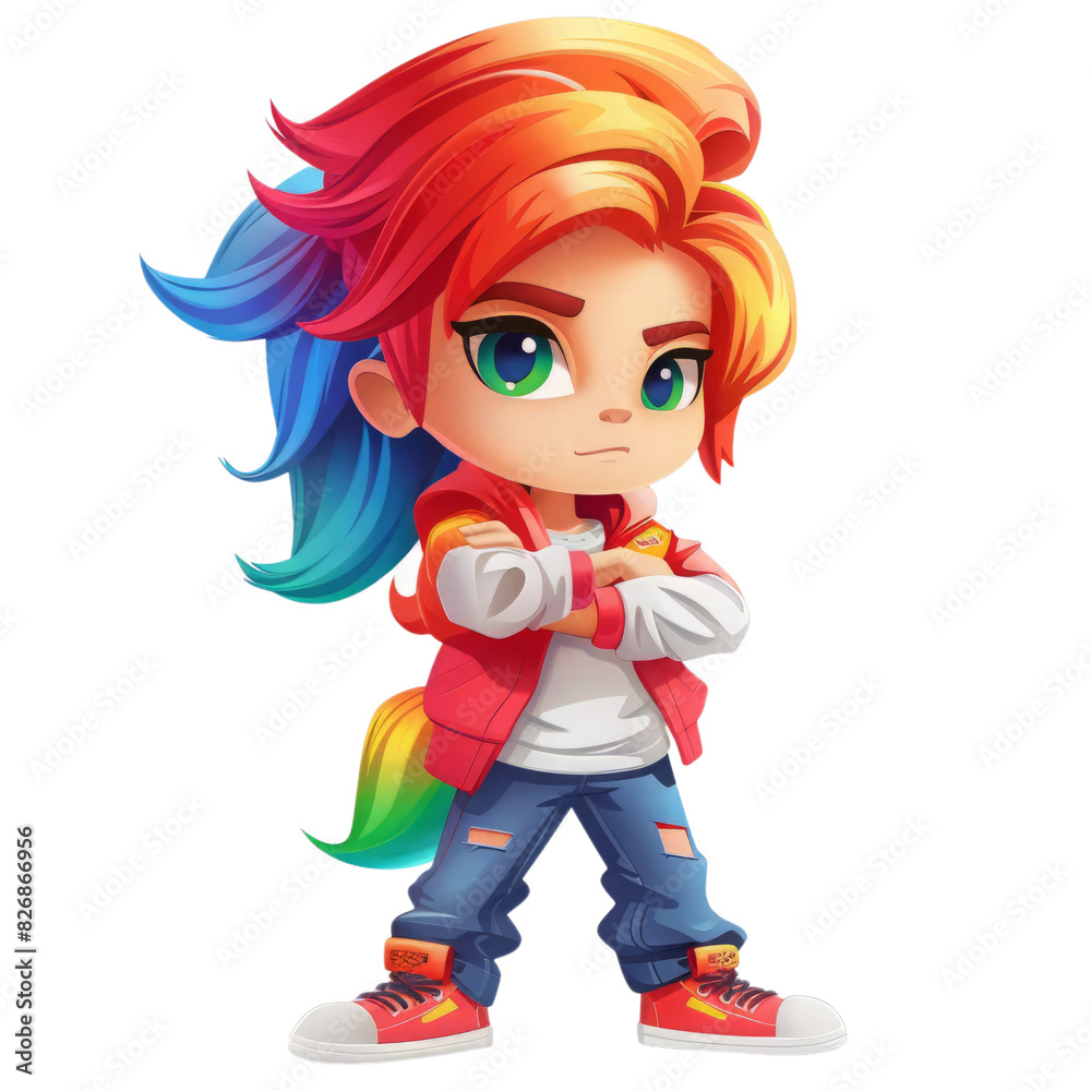 A cartoon character with rainbow hair, green eyes, and a red jacket. A cartoon character with rainbow hair, green eyes, and a red jacket.