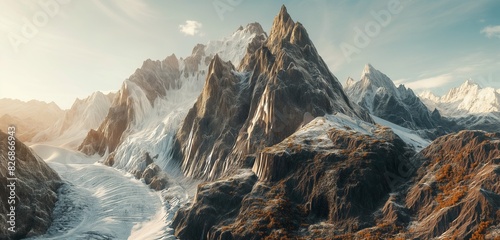 A dramatic mountain peak with sharp, rugged cliffs and a glacier flowing down its side, under a bright, clear sky 32k, full ultra hd, high resolution photo