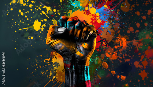 Powerful fist raised in celebration of Juneteenth with vivid paint splash in Pan African colors.