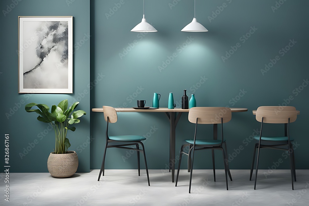 Meeting Area or Dining Room with Large Black Round Table and Teal Cyan Chairs. Empty Wall with Turquoise Azure Paint Color Accent. Modern Kitchen Interior for Home or Cafe. Art Mockup. 3D Render. Meeting Area or Dining Room with Large Black Round Table and Teal Cyan Chairs. Empty Wall with Turquoise Azure Paint Color Accent. Modern Kitchen Interior for Home or Cafe. Art Mockup. 3D Render.