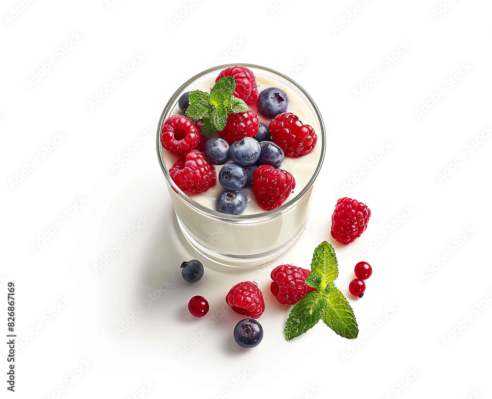 a glass of yogurt with berries, raspberries and mint in a white background a glass of yogurt with berries, raspberries and mint in a white background