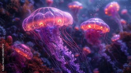 jellyfishlike alien with bioluminescent tendrils on a water planet with vast coral reefs and glowing sea creatures © Stock Source