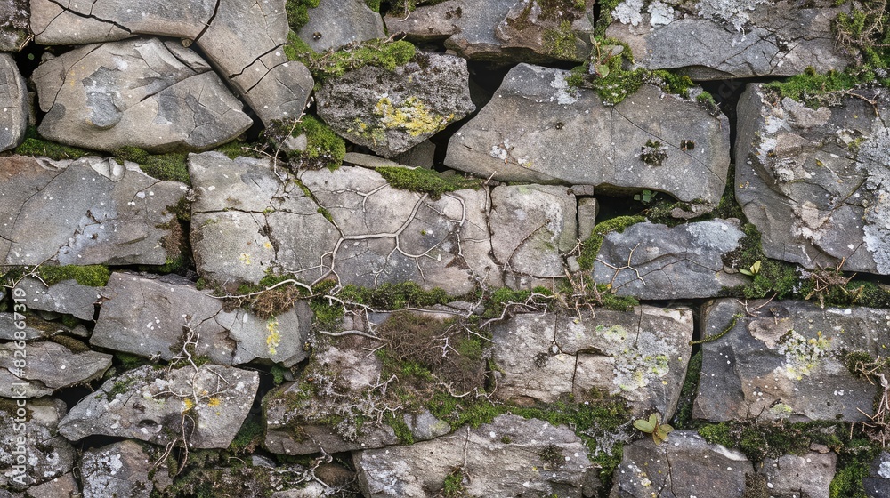 Cracked and weathered stone wall with patches of moss and lichen adding to its rustic appeal Cracked and weathered stone wall with patches of moss and lichen adding to its rustic appeal