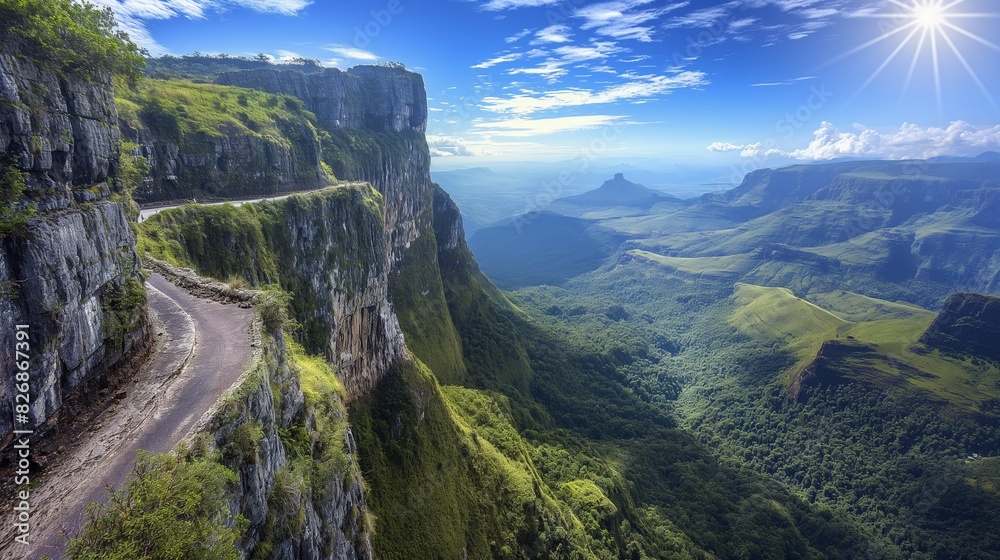 A dramatic mountain road with sharp cliff drops on one side and lush green valleys on the other, under a bright blue sky 32k, full ultra hd, high resolution