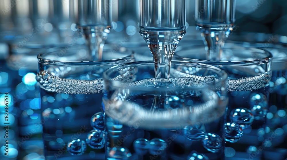 A close-up view of liquid being dispensed into test tubes, highlighting precision and scientific equipment in a laboratory setting. A close-up view of liquid being dispensed into test tubes, highlighting precision and scientific equipment in a laboratory setting.