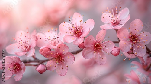 Close-up of beautiful pink cherry blossom flowers in full bloom  creating a serene and delicate springtime scene with soft  natural light.