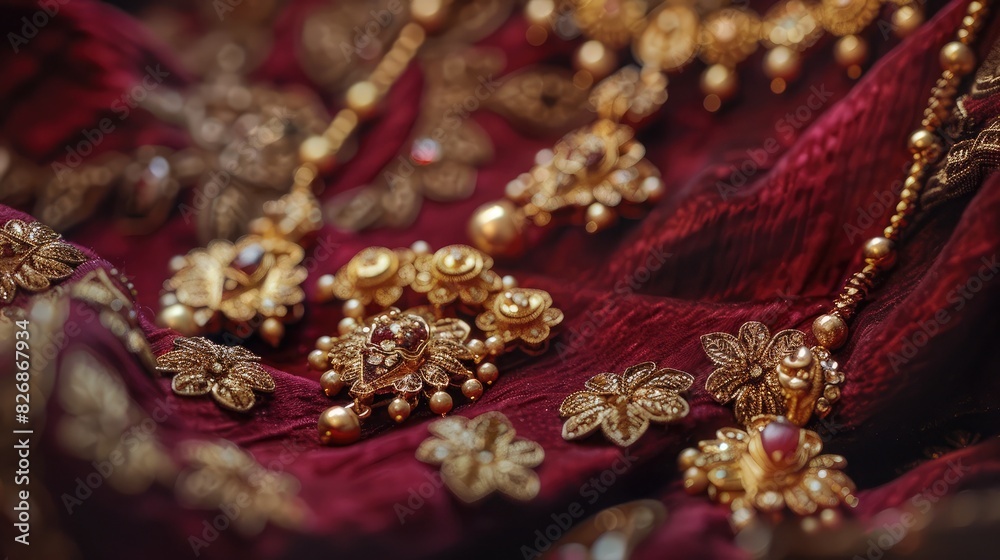 Elegant gold jewelry displayed on a velvet cloth, showcasing intricate designs and luxurious craftsmanship Elegant gold jewelry displayed on a velvet cloth, showcasing intricate designs and luxurious craftsmanship
