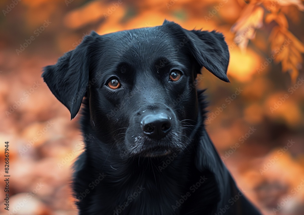 Black Labrador Retriever Dog Portrait with Autumn Leaves Background Black Labrador Retriever Dog Portrait with Autumn Leaves Background