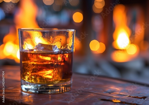 Cozy Whiskey Glass on Wooden Table by Fireplace in Winter Evening