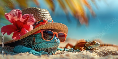 Colorful iguanas relaxing on sandy beach in sunglasses and hat, enjoying tropical vibes and palm tree background under bright blue sky.