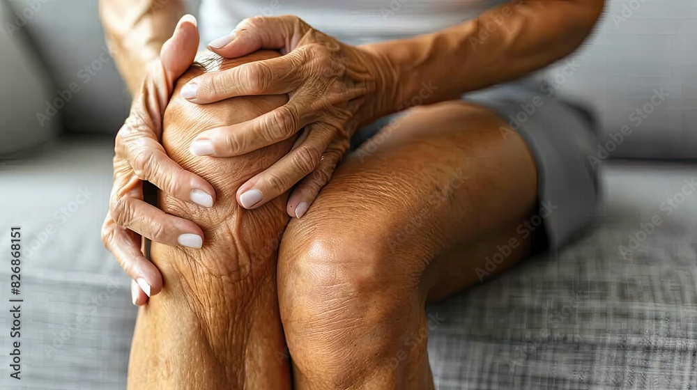 Fototapeta premium Elderly person massaging knee, experiencing joint pain. Concept of arthritis, aging, and healthcare. Close-up shot on a couch.