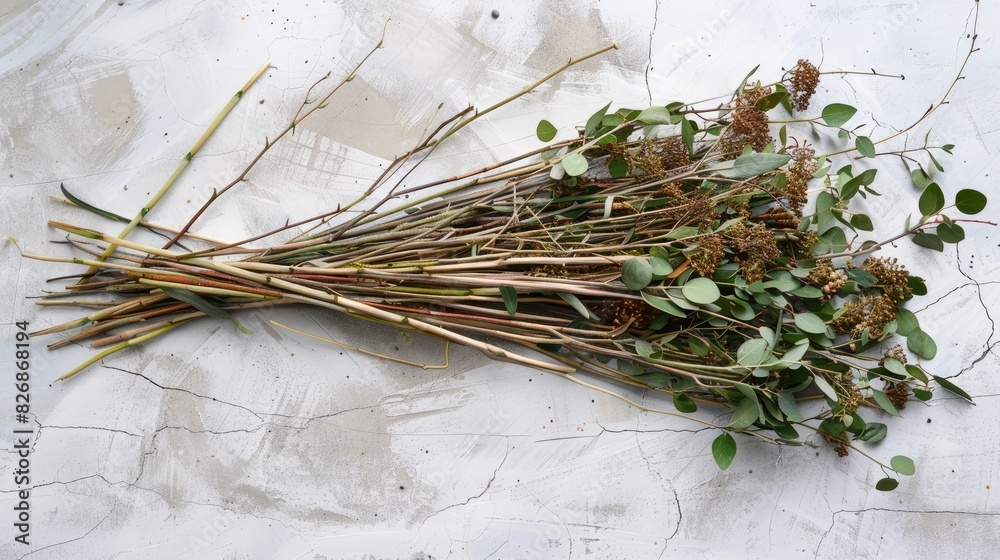 Naklejka premium A bundle of withered grass stems mixed with some remaining green leaves