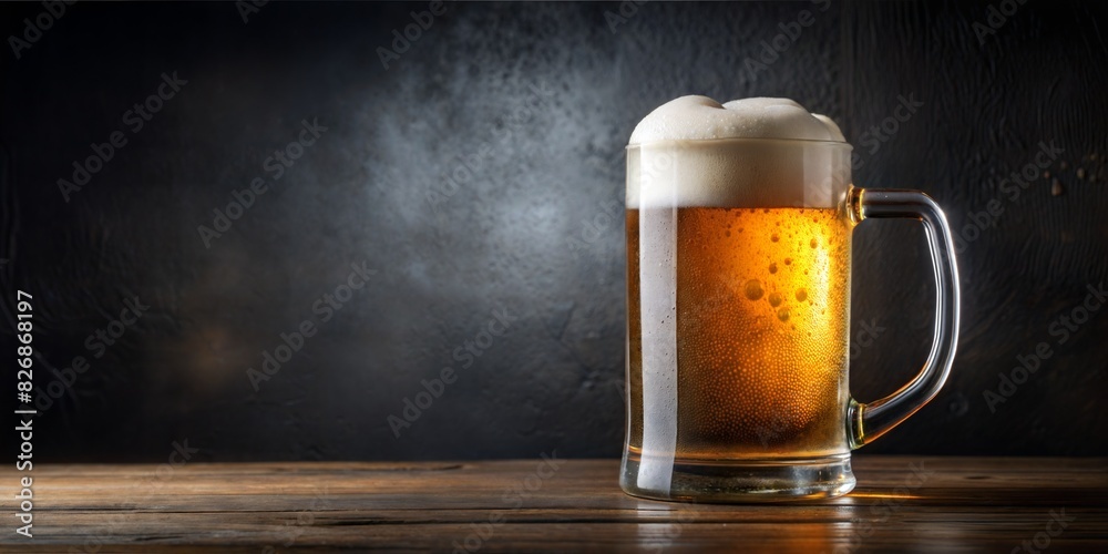 A mug of beer with foam is served on a dark background, photorealistic, highly detailed and copy space A mug of beer with foam is served on a dark background, photorealistic, highly detailed and copy space