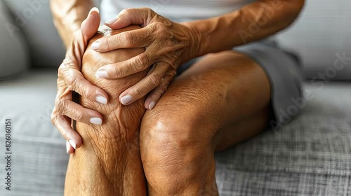 Elderly person massaging knee, experiencing joint pain. Concept of arthritis, aging, and healthcare. Close-up shot on a couch.