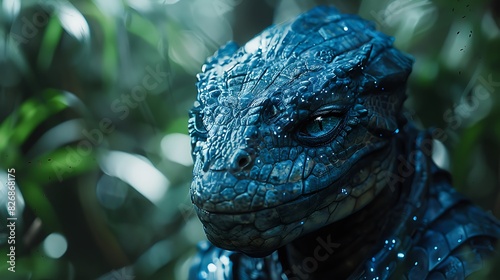 reptilian alien with advanced camouflage tech on a jungle planet with dense foliage and bioluminescent flora photo