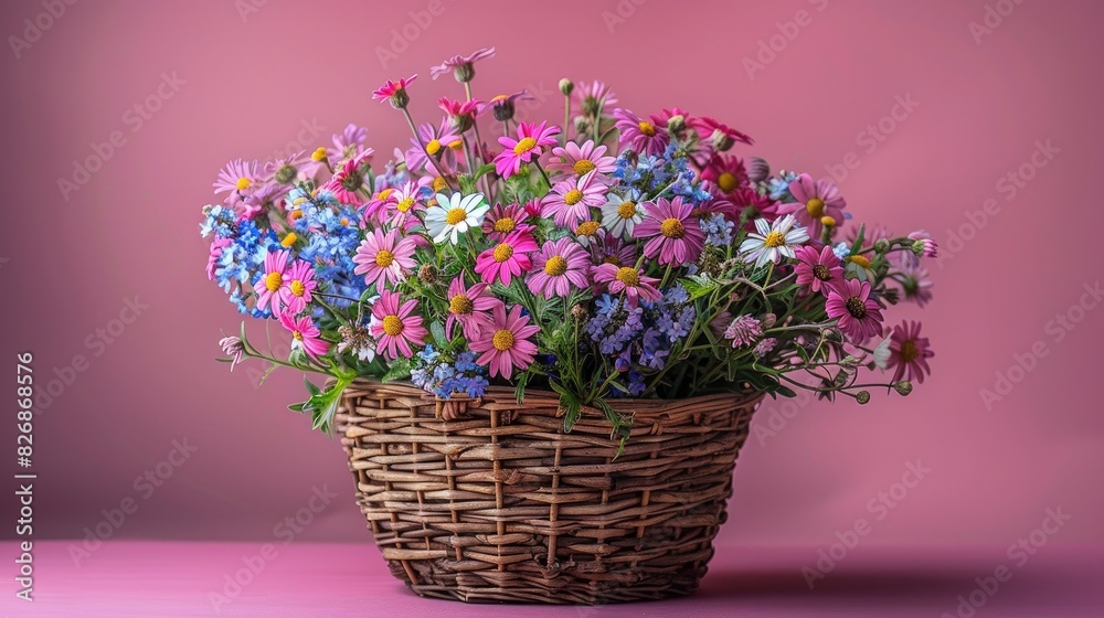 Vibrant flower arrangement in a wicker basket against a pink background. Fresh, colorful blossoms arranged beautifully for a cheerful display.