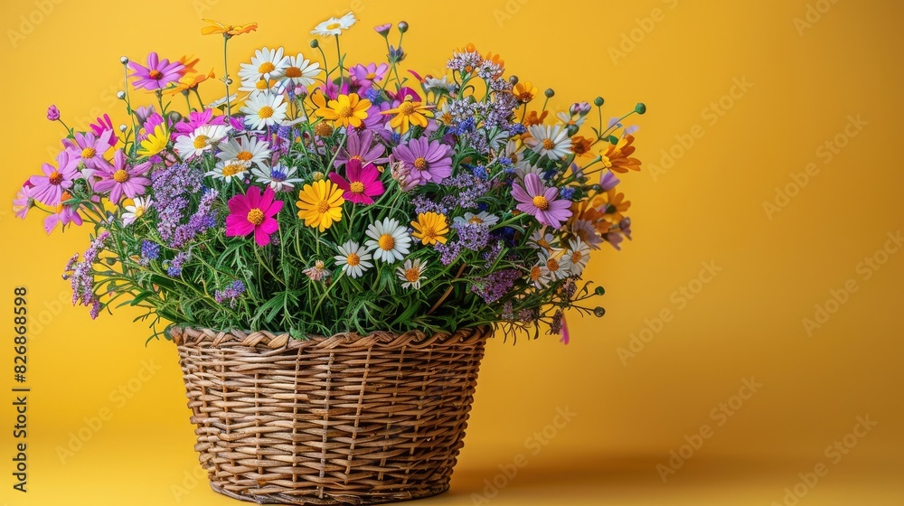 Vibrant mixed flowers in a wicker basket against a yellow background, evoking a cheerful and fresh springtime feel. Vibrant mixed flowers in a wicker basket against a yellow background, evoking a cheerful and fresh springtime feel.
