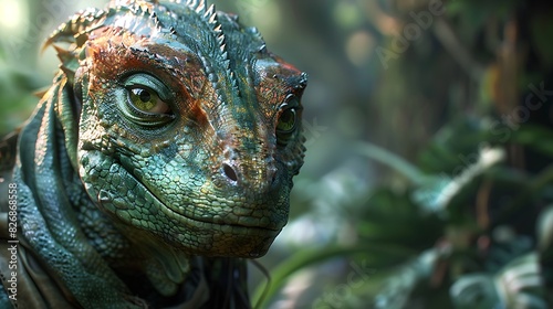 reptilian alien with advanced regenerative abilities on a jungle planet with dense vegetation and bioluminescent plants