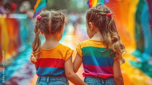 Two young girls holding hands and celebrating diversity  wearing rainbow-themed shirts  walking down a colorful pathway. Back view  joyful moment.