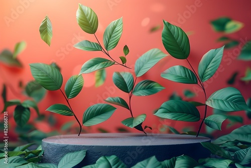 Green leaves floating around a platform on a red background. Abstract nature-themed composition for design and print.
