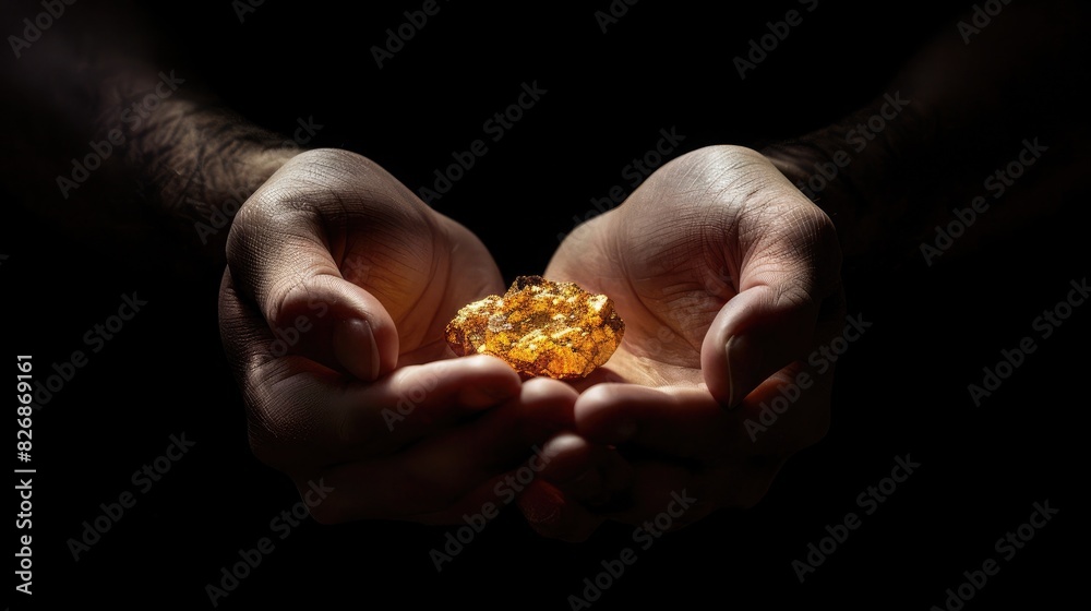 Hands holding a gold nugget against a black background, emphasizing the raw beauty of natural gold Hands holding a gold nugget against a black background, emphasizing the raw beauty of natural gold