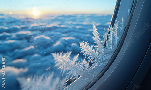 Airplane window view, focusing on ice crystals the glass with a blurred background of white clouds , Generate AI photo