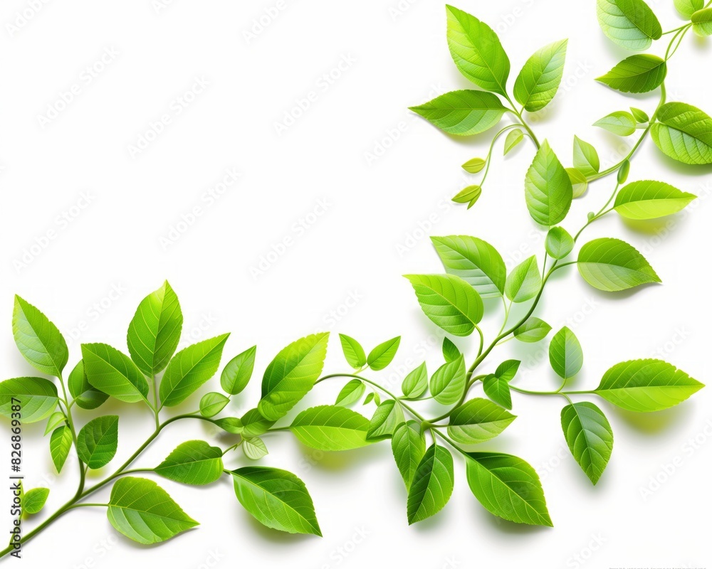 Obraz premium Fresh Green Spring Leaves on White Background with Copy Space