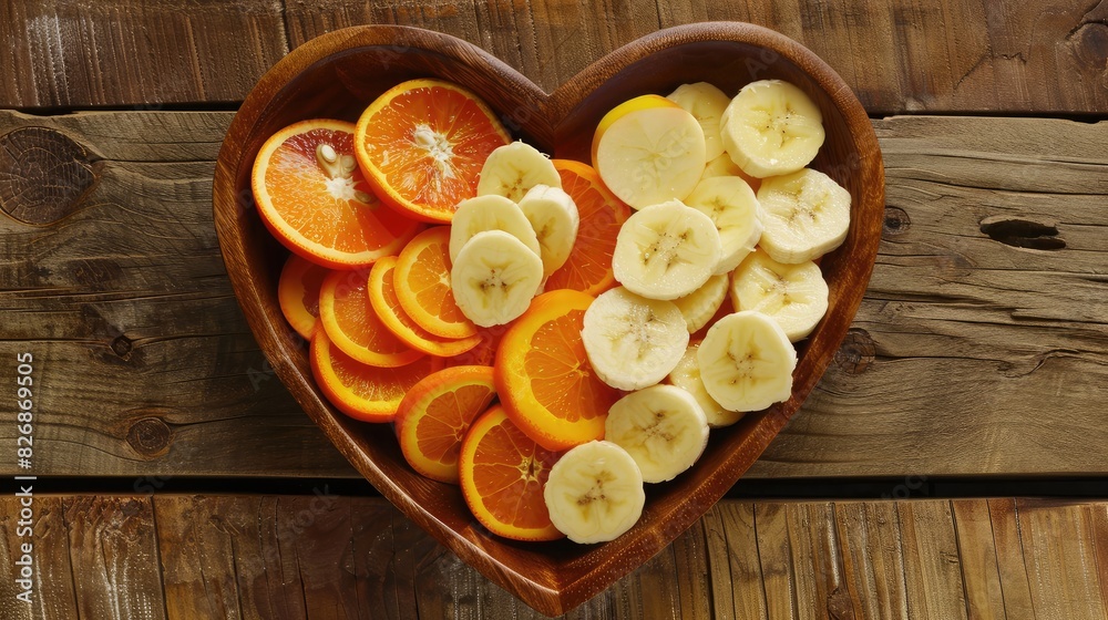 Heart-shaped dish filled with a mix of sliced apples, oranges, and bananas, promoting a balanced diet