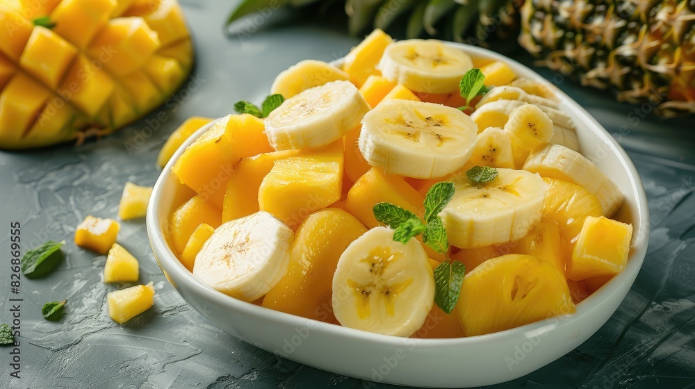 Heart-shaped dish filled with ripe banana slices, mango chunks, and pineapple wedges, a tropical paradise