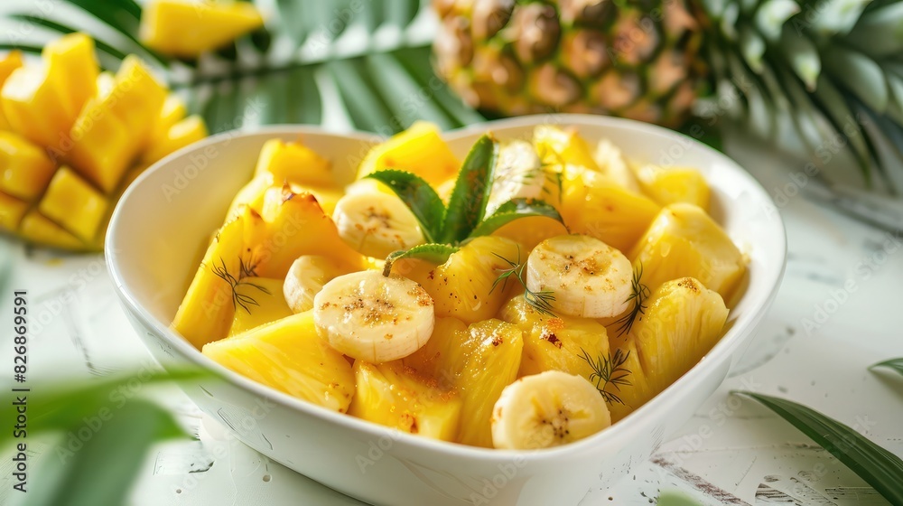 Heart-shaped dish filled with ripe banana slices, mango chunks, and pineapple wedges, a tropical paradise Heart-shaped dish filled with ripe banana slices, mango chunks, and pineapple wedges, a tropical paradise