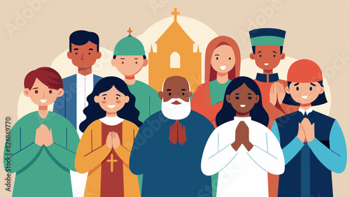 A beautiful display of diversity as the church members pray in different languages representing the various cultures within the community.. Vector illustration
