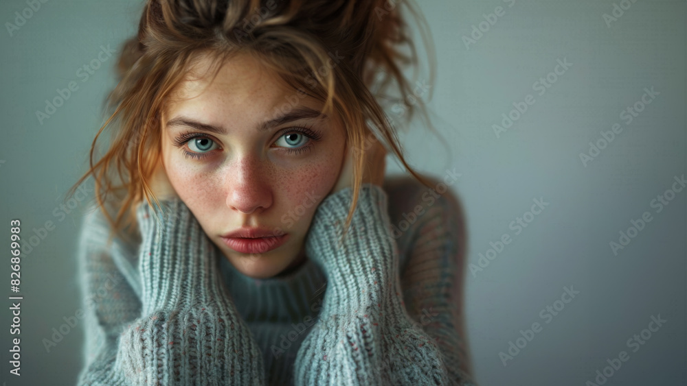 Studio portrait of a woman with tossled brown hair with a worried expression on her face, as if awaiting or hearing bad news. Studio portrait of a woman with tossled brown hair with a worried expression on her face, as if awaiting or hearing bad news.