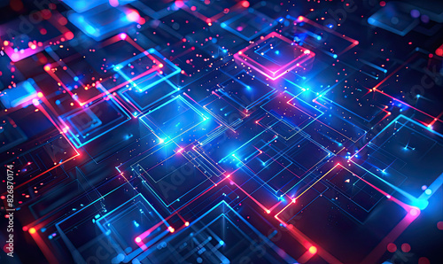 Dynamic background featuring neon glowing techno lines in blue, squares, Generate AI