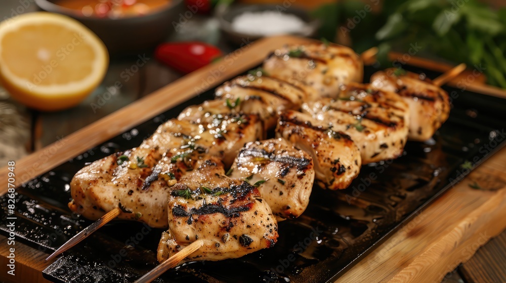 Marinated chicken breasts on skewers, prepared for grilling to perfection