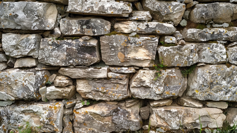 Sections of an ancient stone wall with visible signs of erosion and weathering, adding to its character Sections of an ancient stone wall with visible signs of erosion and weathering, adding to its character