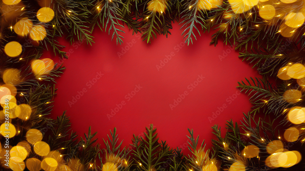 Merry Christmas Card: Xmas Tree and Sparkling Bokeh Lights on Red Background Merry Christmas Card: Xmas Tree and Sparkling Bokeh Lights on Red Background