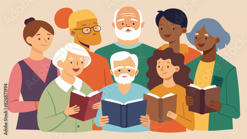 Despite varying backgrounds and denominations a diverse group of elderly Bible study members come together to explore and discuss the word of God.. Vector illustration