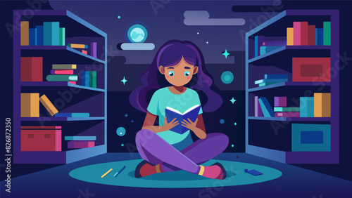 A girl sitting in a quiet corner of a bookstore completely lost in an augmented reality fairy tale the shelves around her disappearing as she. Vector illustration