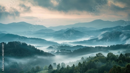 Mountain landscape covered in fog during early morning